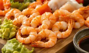 Pyszne krewetki ebi ułożone na desce, obok zielonego wasabi i sosu sojowego. Idealne na sushi lub sashimi.