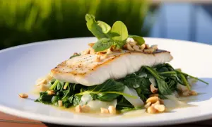 Filet ryby, czy to halibut czy sandacz, podany na szpinaku z orzechami i bazylią.