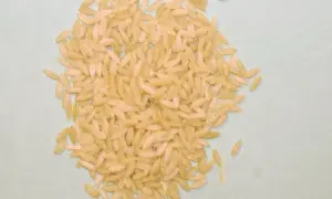 Kupa jasnego makaronu ryżowego orzo na jasnoszarym tle.