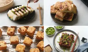 Serek tofu w różnych odsłonach: pokrojony w plastry z sosem, smażony na patelni, pieczony i w formie kotleta.