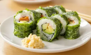 Sushi rolki z łososiem i awokado zawinięte w liście nori. Nori właściwości odżywcze czynią je zdrowym dodatkiem do diety.