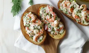Pyszna pasta z krewetek na grzankach, udekorowana świeżą natką pietruszki. Idealna na szybką przekąskę.