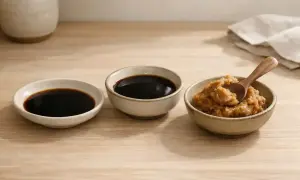 Trzy miseczki z sosami: ciemny sos sojowy, sos shoyu i pasta miso z drewnianą łyżeczką.