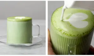 Zielone matcha z mlekiem w szklance z uchwytem, z pianką w kształcie serca.