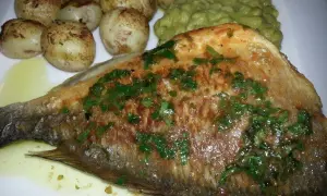 Usmażona ryba bass z ziołami, podana z pieczonymi ziemniaczkami i zielonym puree.