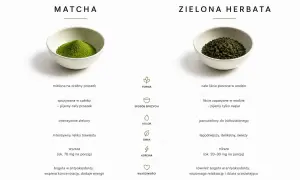 Porównanie matchy i zielonej herbaty. Czy matcha ma kofeinę? Tak, matcha ma jej więcej (ok. 70 mg) niż zielona herbata (ok. 20-30 mg).
