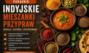 Miseczki z kolorowymi indyjskimi mieszankami przypraw, w tym kurkumą, chili i kardamonem, obok miski z daniem i plackiem.