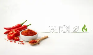 Czerwone papryczki chili i ich proszek. Czy papryczka chili jest zdrowa? Ikony serca, talerza, liścia i ognia sugerują korzyści zdrowotne.