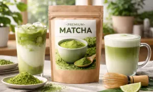 Paczka premium matcha, obok dwa napoje: mrożony i gorący. Idealna do stworzenia najlepsza matcha ranking.
