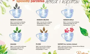 Ilustracja pokazuje, jak parzyć zieloną herbatę: 1 łyżeczka liści na filiżankę, woda 70-80°C, 2-3 minuty.