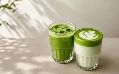 Dwa orzeźwiające matcha latte w szklankach, jedno z pianką i wzorem, drugie z lodem. Idealne na lato, łatwy matcha latte przepis.