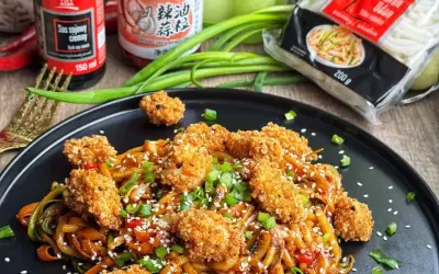 Pyszny udon z kurczakiem i warzywami, posypany sezamem i szczypiorkiem. Obok sos sojowy i opakowanie makaronu udon.