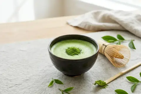 Aksamitna, zielona matcha w ceramicznej miseczce, obok bambusowa miotełka i łyżeczka. Poczuj, jak smakuje matcha.