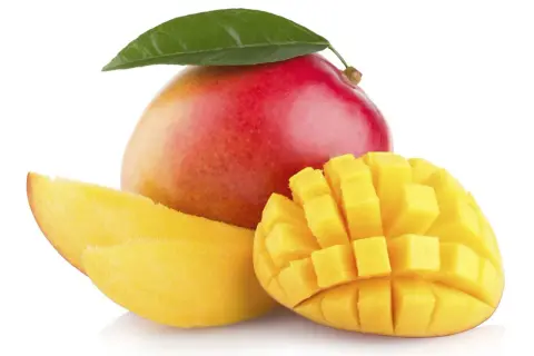 Soczyste, pokrojone w kostkę i w plastrach mango, z całą owocem i liściem. To, co zawiera mango, to witaminy i słodycz.