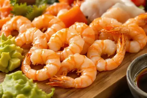 Pyszne krewetki ebi ułożone na desce, obok zielonego wasabi i sosu sojowego. Idealne na sushi lub sashimi.