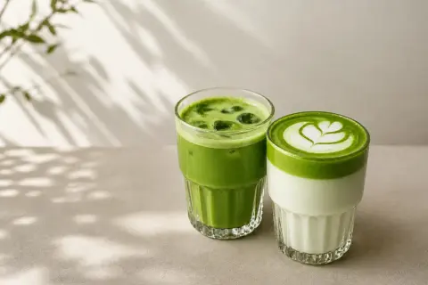 Dwa orzeźwiające matcha latte w szklankach, jedno z pianką i wzorem, drugie z lodem. Idealne na lato, łatwy matcha latte przepis.