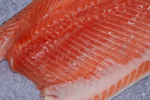 Surowy filet z pstrąga łososiowego, bogaty w kwasy omega-3. Czy pstrąg łososiowy jest zdrowy? Tak, to doskonałe źródło białka i witamin.
