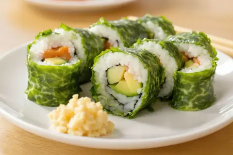 Sushi rolki z łososiem i awokado zawinięte w liście nori. Nori właściwości odżywcze czynią je zdrowym dodatkiem do diety.