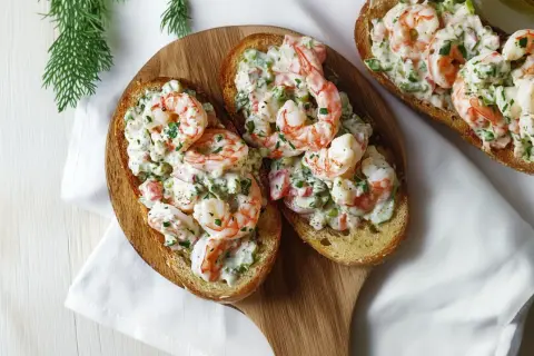 Pyszna pasta z krewetek na grzankach, udekorowana świeżą natką pietruszki. Idealna na szybką przekąskę.