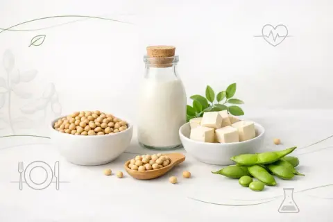 Miseczki z ziarnami soi, kostki tofu, mleko sojowe i strąki edamame. Czy soja jest zdrowa? Dowiedz się więcej o jej korzyściach.