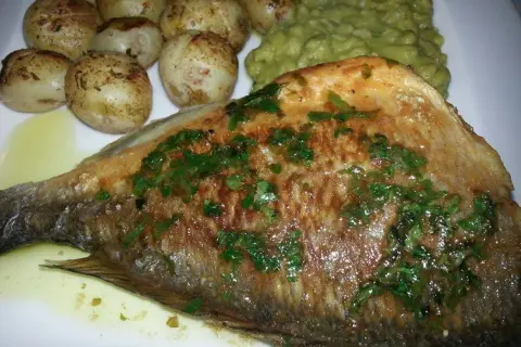 Usmażona ryba bass z ziołami, podana z pieczonymi ziemniaczkami i zielonym puree.