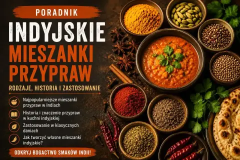 Miseczki z kolorowymi indyjskimi mieszankami przypraw, w tym kurkumą, chili i kardamonem, obok miski z daniem i plackiem.