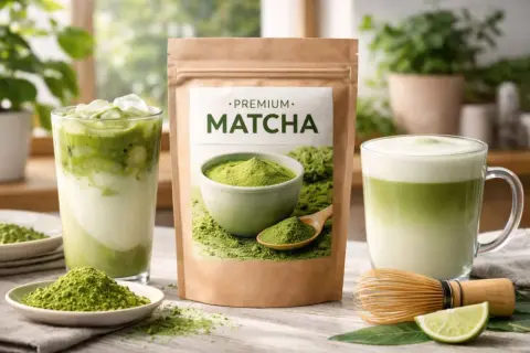Paczka premium matcha, obok dwa napoje: mrożony i gorący. Idealna do stworzenia najlepsza matcha ranking.