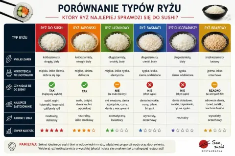Porównanie ryżu do sushi: krótkoziarnisty, okrągły, biały ryż jest najlepszy. Inne ryże, jak basmati czy jaśminowy, są zbyt sypkie.