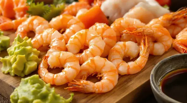 Pyszne krewetki ebi ułożone na desce, obok zielonego wasabi i sosu sojowego. Idealne na sushi lub sashimi.