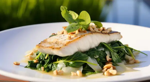 Filet ryby, czy to halibut czy sandacz, podany na szpinaku z orzechami i bazylią.