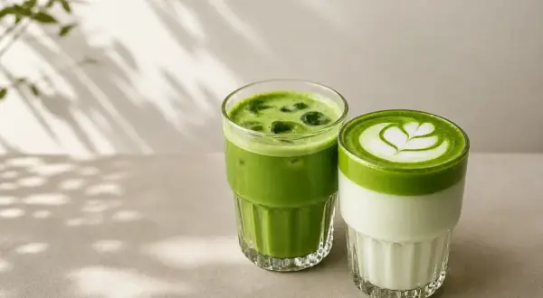 Dwa orzeźwiające matcha latte w szklankach, jedno z pianką i wzorem, drugie z lodem. Idealne na lato, łatwy matcha latte przepis.