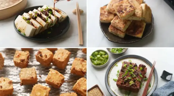 Serek tofu w różnych odsłonach: pokrojony w plastry z sosem, smażony na patelni, pieczony i w formie kotleta.