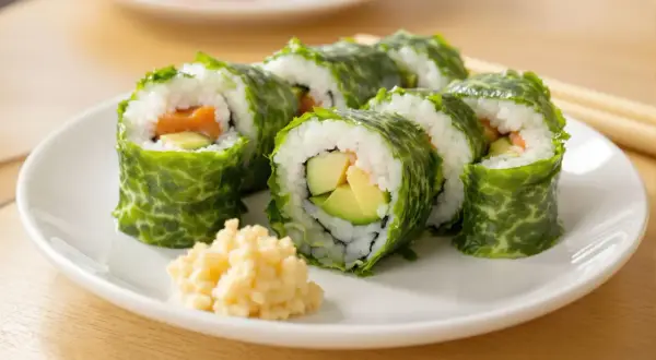 Sushi rolki z łososiem i awokado zawinięte w liście nori. Nori właściwości odżywcze czynią je zdrowym dodatkiem do diety.
