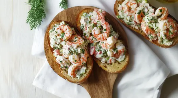 Pyszna pasta z krewetek na grzankach, udekorowana świeżą natką pietruszki. Idealna na szybką przekąskę.