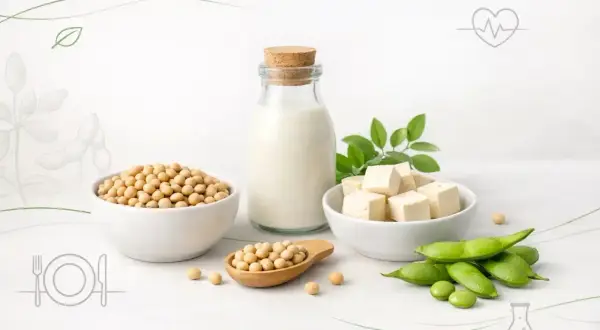 Miseczki z ziarnami soi, kostki tofu, mleko sojowe i strąki edamame. Czy soja jest zdrowa? Dowiedz się więcej o jej korzyściach.