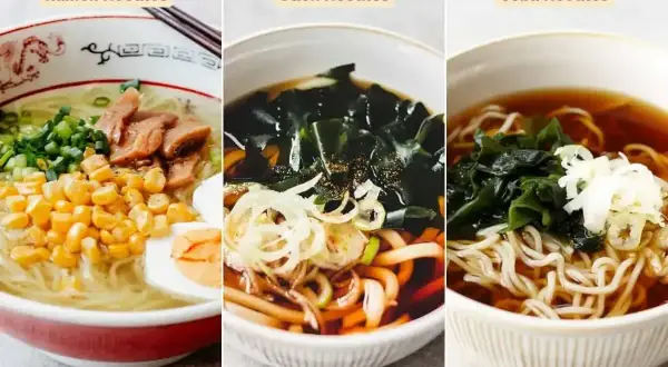Trzy miski z japońskim makaronem: ramen z jajkiem i kukurydzą, udon z wodorostami i soba z zieloną cebulką.