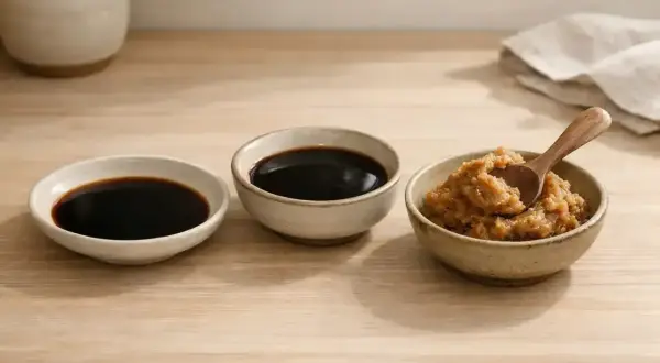 Trzy miseczki z sosami: ciemny sos sojowy, sos shoyu i pasta miso z drewnianą łyżeczką.