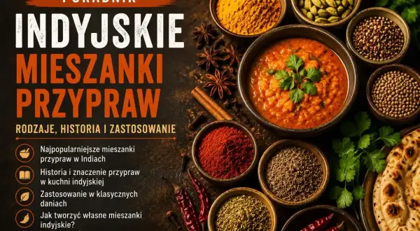 Miseczki z kolorowymi indyjskimi mieszankami przypraw, w tym kurkumą, chili i kardamonem, obok miski z daniem i plackiem.