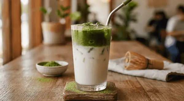 Przepis na iced matcha latte: zielony napój z mlekiem i lodem, obok miseczka z matchą i bambusowa miotełka.