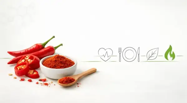 Czerwone papryczki chili i ich proszek. Czy papryczka chili jest zdrowa? Ikony serca, talerza, liścia i ognia sugerują korzyści zdrowotne.