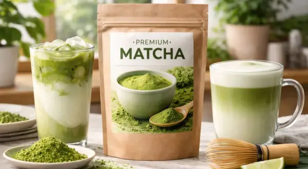 Paczka premium matcha, obok dwa napoje: mrożony i gorący. Idealna do stworzenia najlepsza matcha ranking.