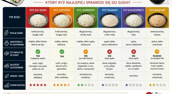 Porównanie ryżu do sushi: krótkoziarnisty, okrągły, biały ryż jest najlepszy. Inne ryże, jak basmati czy jaśminowy, są zbyt sypkie.