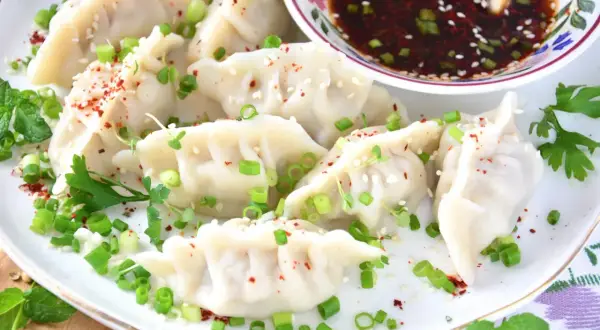 Ugotowane pierożki gyoza posypane szczypiorkiem, sezamem i papryką, podane z sosem.
