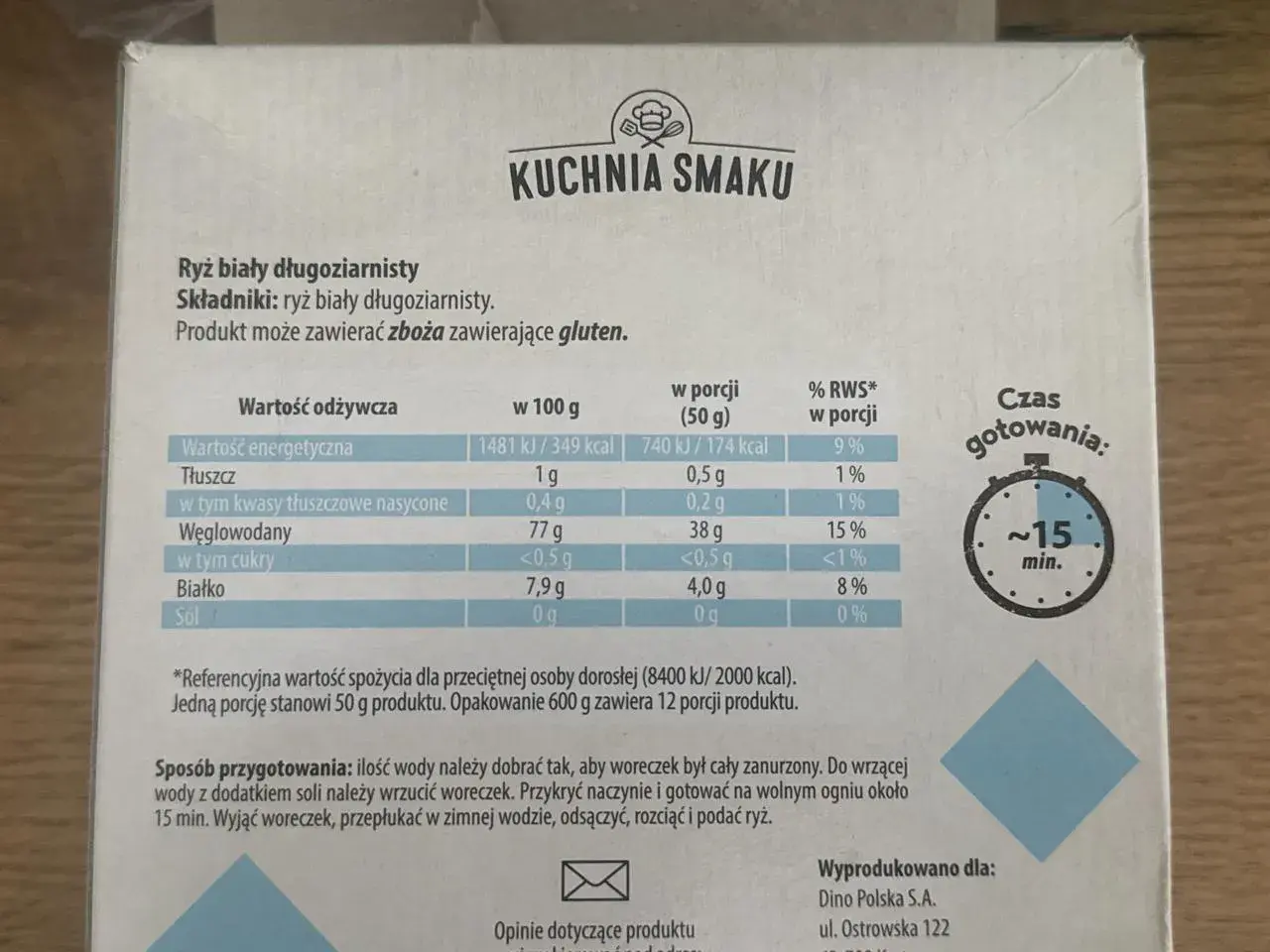 Ryż biały długoziarnisty - poznaj jego wartości odżywcze. Tabela zawiera informacje o kaloriach, tłuszczach, węglowodanach i białku w 100g i porcji.