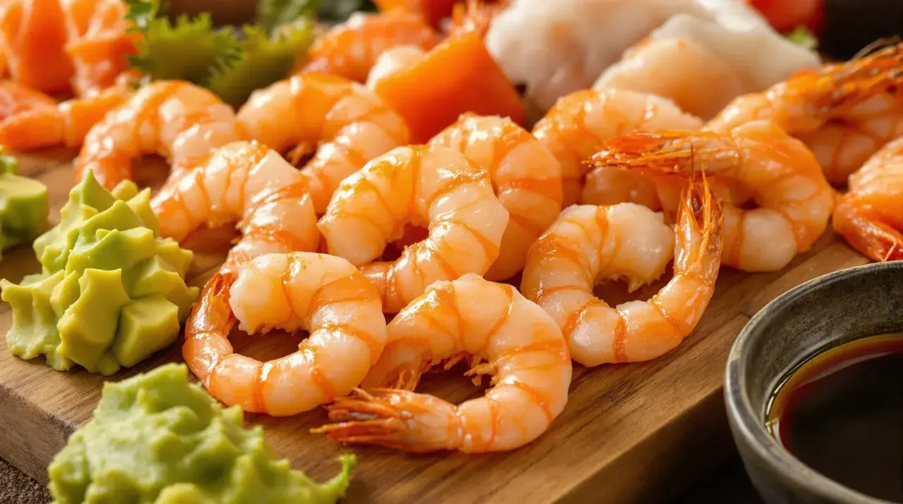 Pyszne krewetki ebi ułożone na desce, obok zielonego wasabi i sosu sojowego. Idealne na sushi lub sashimi.