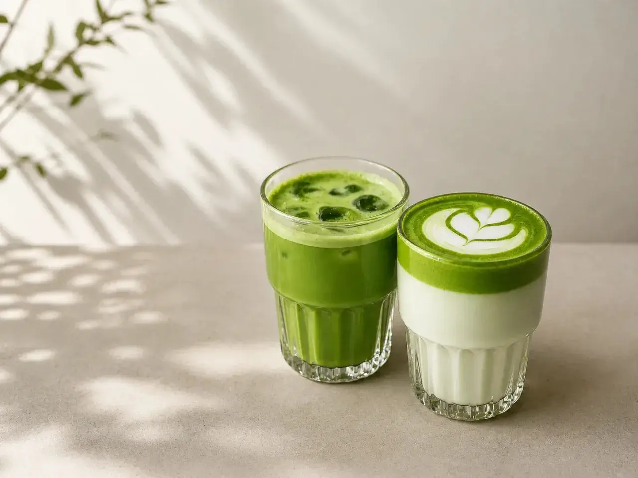 Dwa orzeźwiające matcha latte w szklankach, jedno z pianką i wzorem, drugie z lodem. Idealne na lato, łatwy matcha latte przepis.