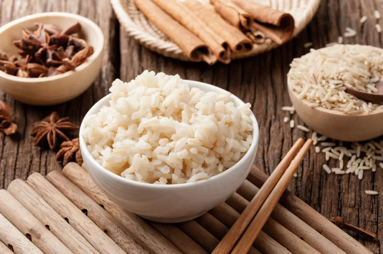 Miseczka parującego congee, obok miseczki z ryżem, anyżem i laskami cynamonu.