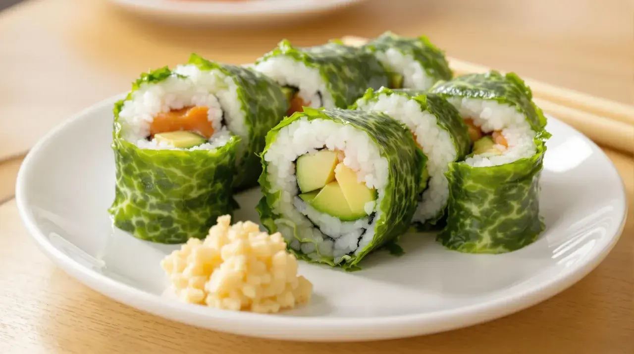 Sushi rolki z łososiem i awokado zawinięte w liście nori. Nori właściwości odżywcze czynią je zdrowym dodatkiem do diety.