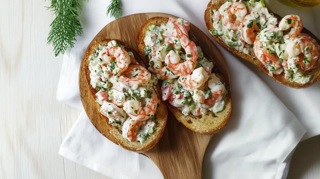 Pyszna pasta z krewetek na grzankach, udekorowana świeżą natką pietruszki. Idealna na szybką przekąskę.