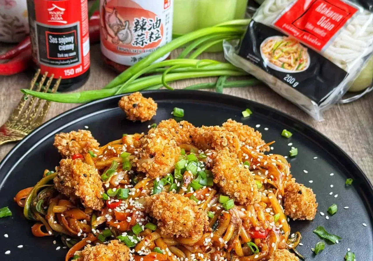 Pyszny udon z kurczakiem i warzywami, posypany sezamem i szczypiorkiem. Obok sos sojowy i opakowanie makaronu udon.